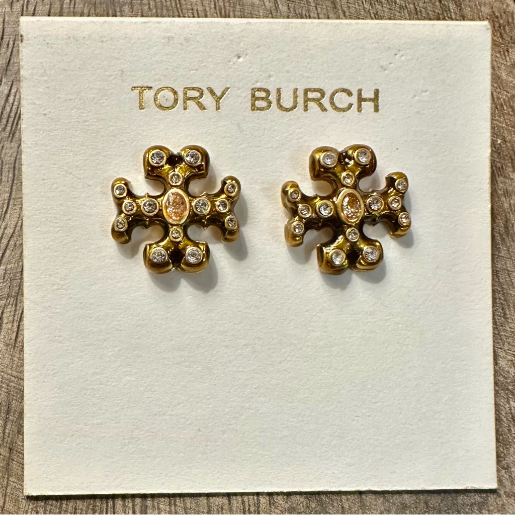New Auth. Tory Burch Roxanne Jeweled Stud Earring In Gold